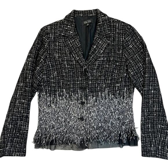 Rickie Freeman Teri Jon Tweed Black White Fringe wool blend Blazer Size 14 - Picture 1 of 16
